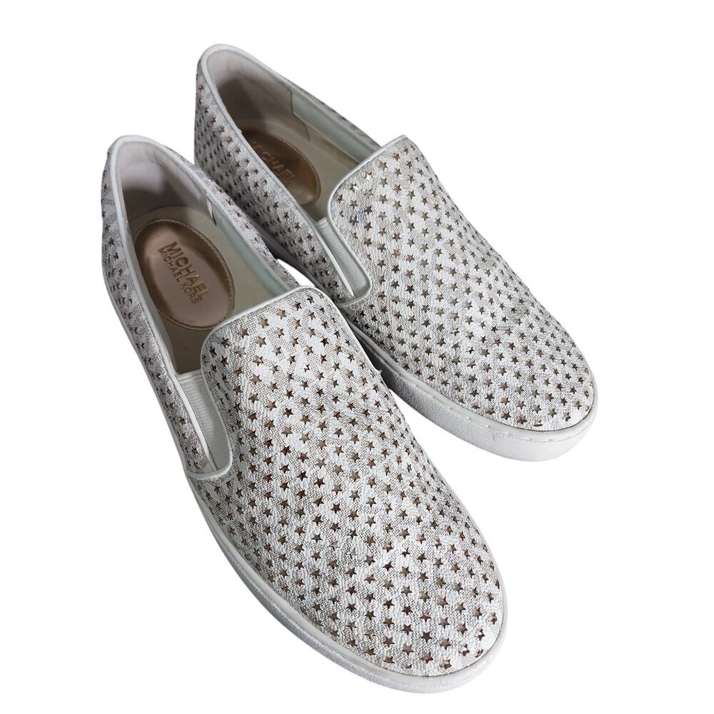 MICHAEL KORS! CREAM W/BROWN SHADOW MONOGRAM & TINY GOLD STARS LOAFERS, FLATS! 8M